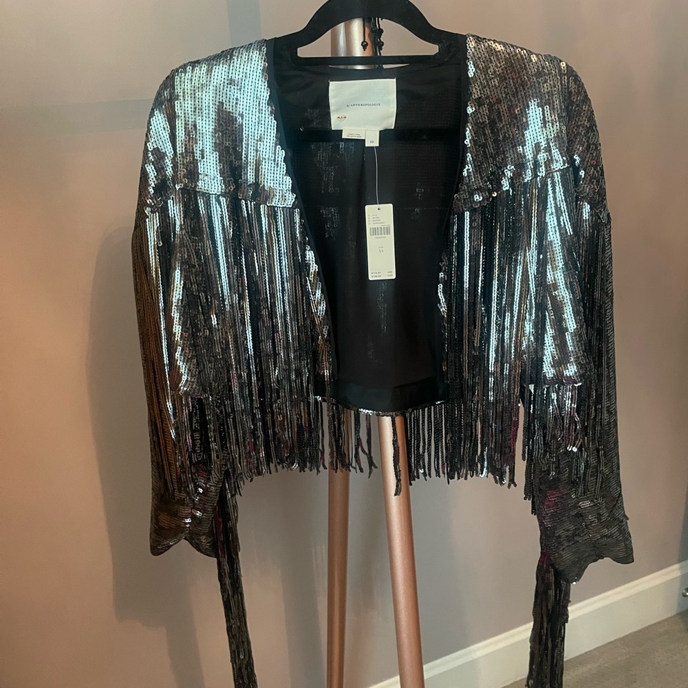 NWT Anthropologie sequin fringe jacket. Black with chrome/silver sequins.